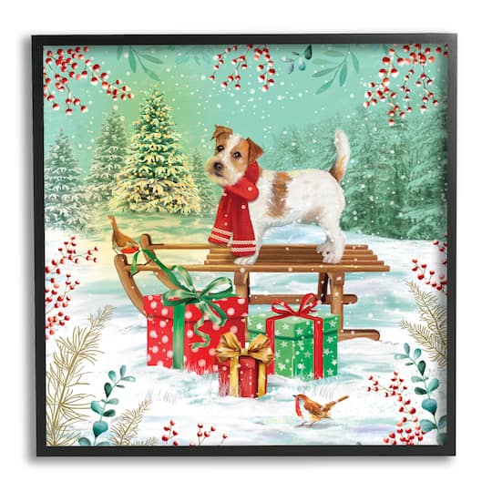Stupell Industries Puppy On Sled Christmas Gifts Framed Giclee Art